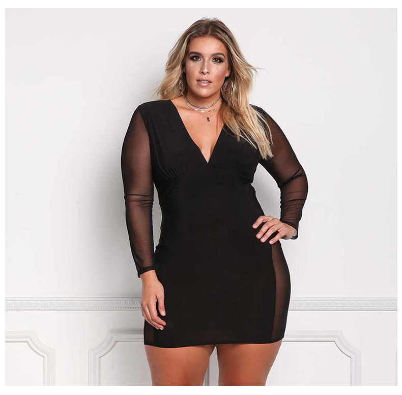 SZ60021 Womens Sexy V Neck Mesh Long Sleeves Autumn Plus Size Womens Dress